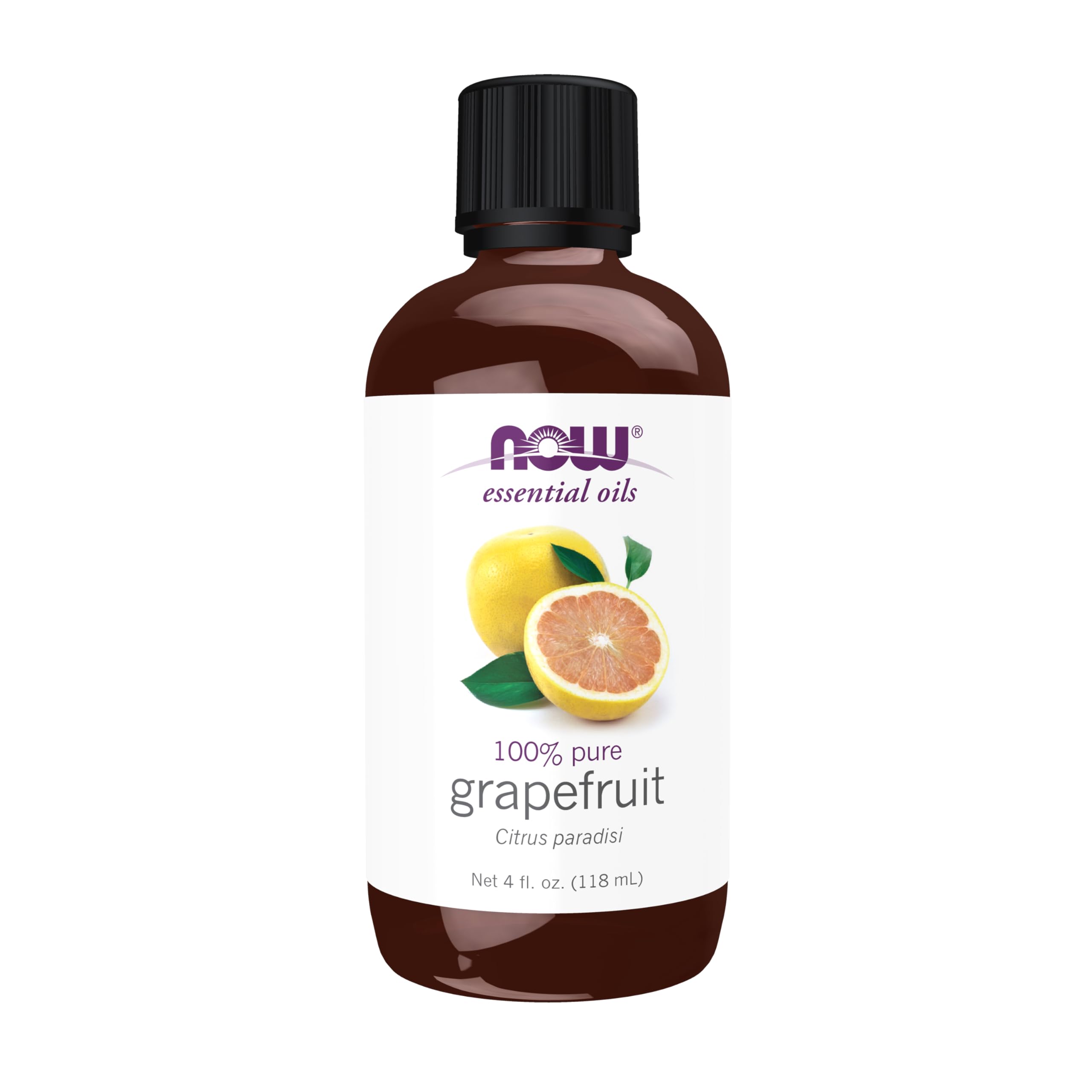 NOW Foods botella frontal de aceite de pomelo mostrando etiqueta clara y beneficios