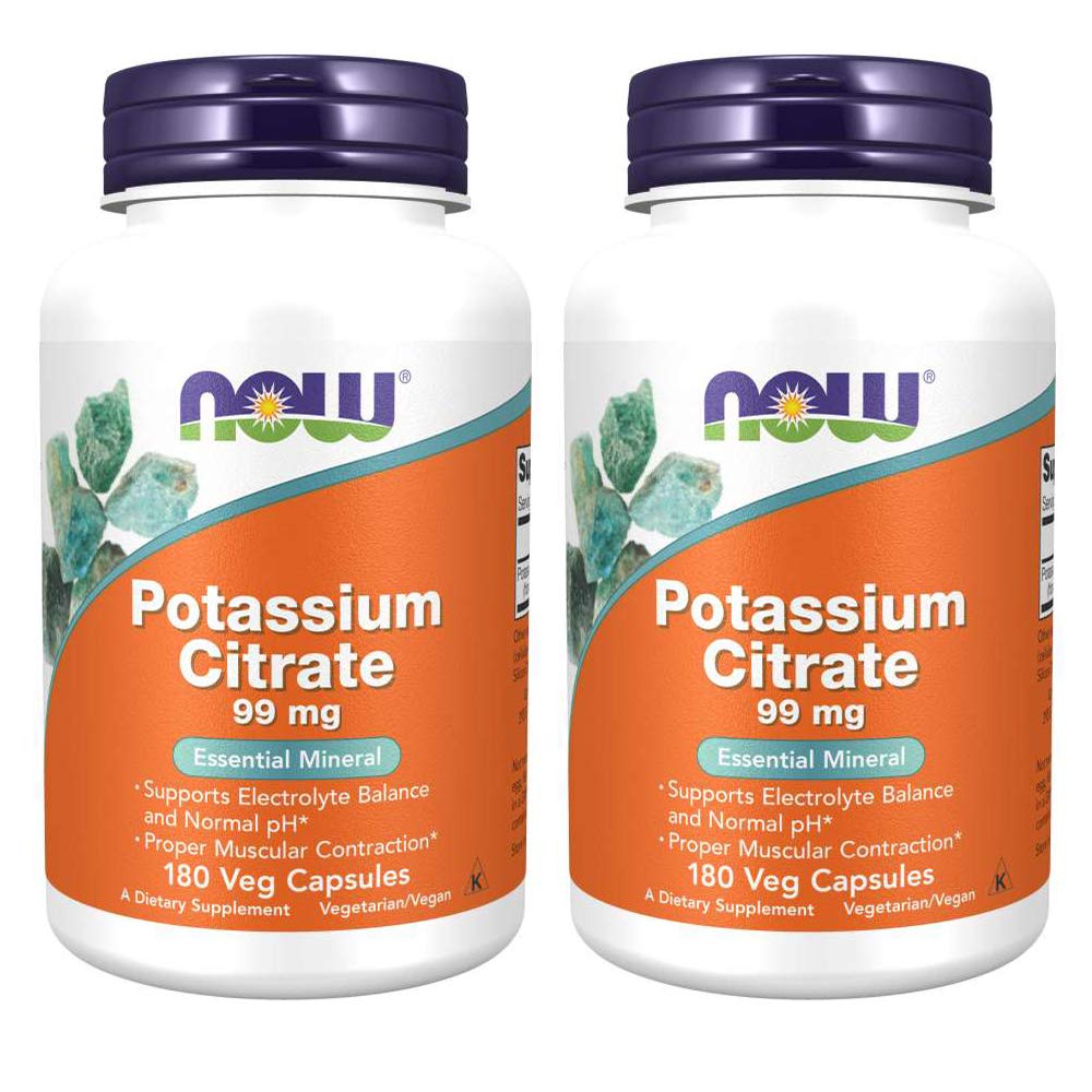 NOW Foods frasco frontal mostrando potasio citrato y beneficio de suministro prolongado
