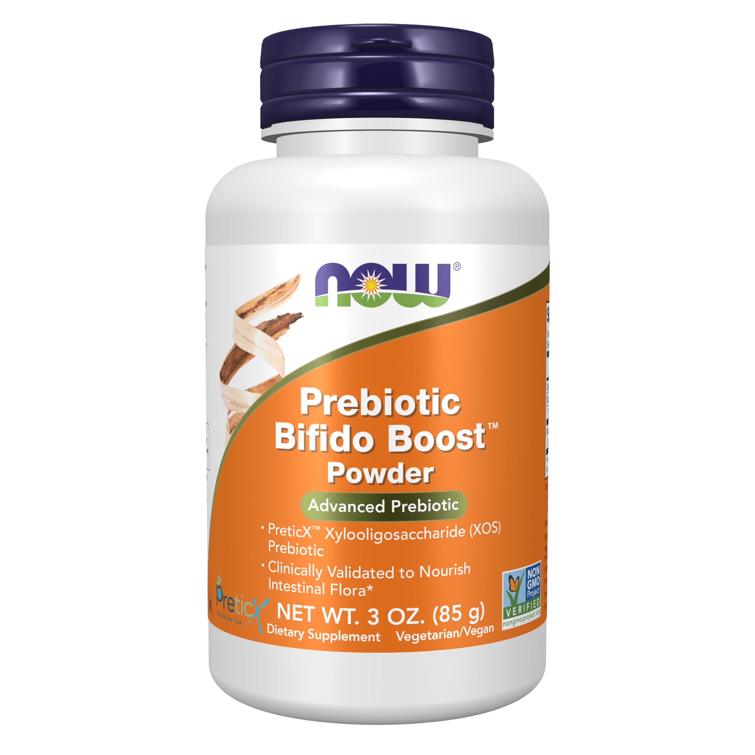 NOW Foods empaque frontal del polvo prebiótico con información clara y beneficios