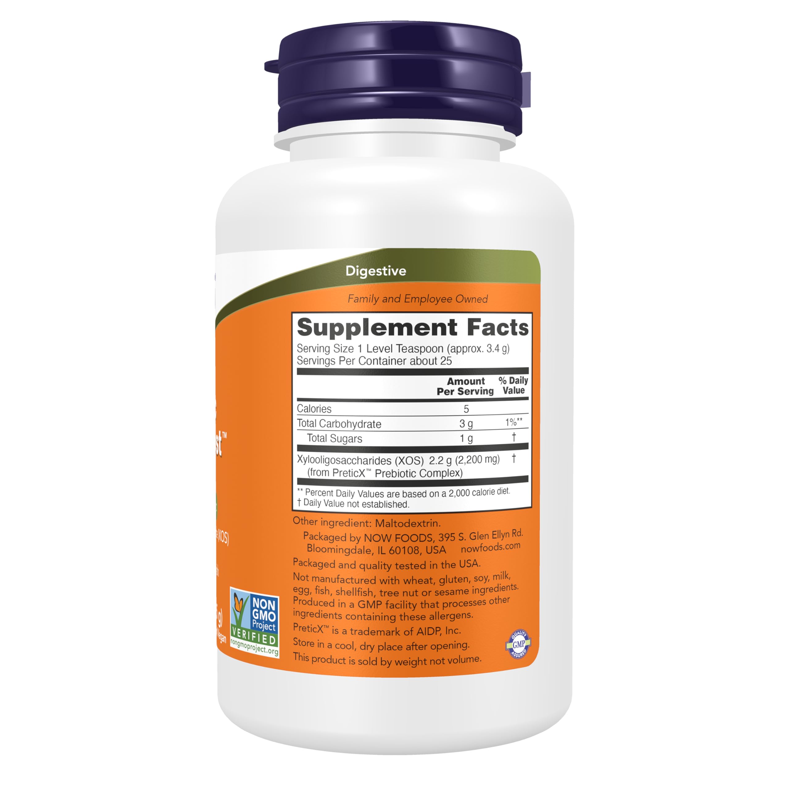 NOW Foods textura fina del polvo prebiótico mostrando solubilidad y fácil mezcla
