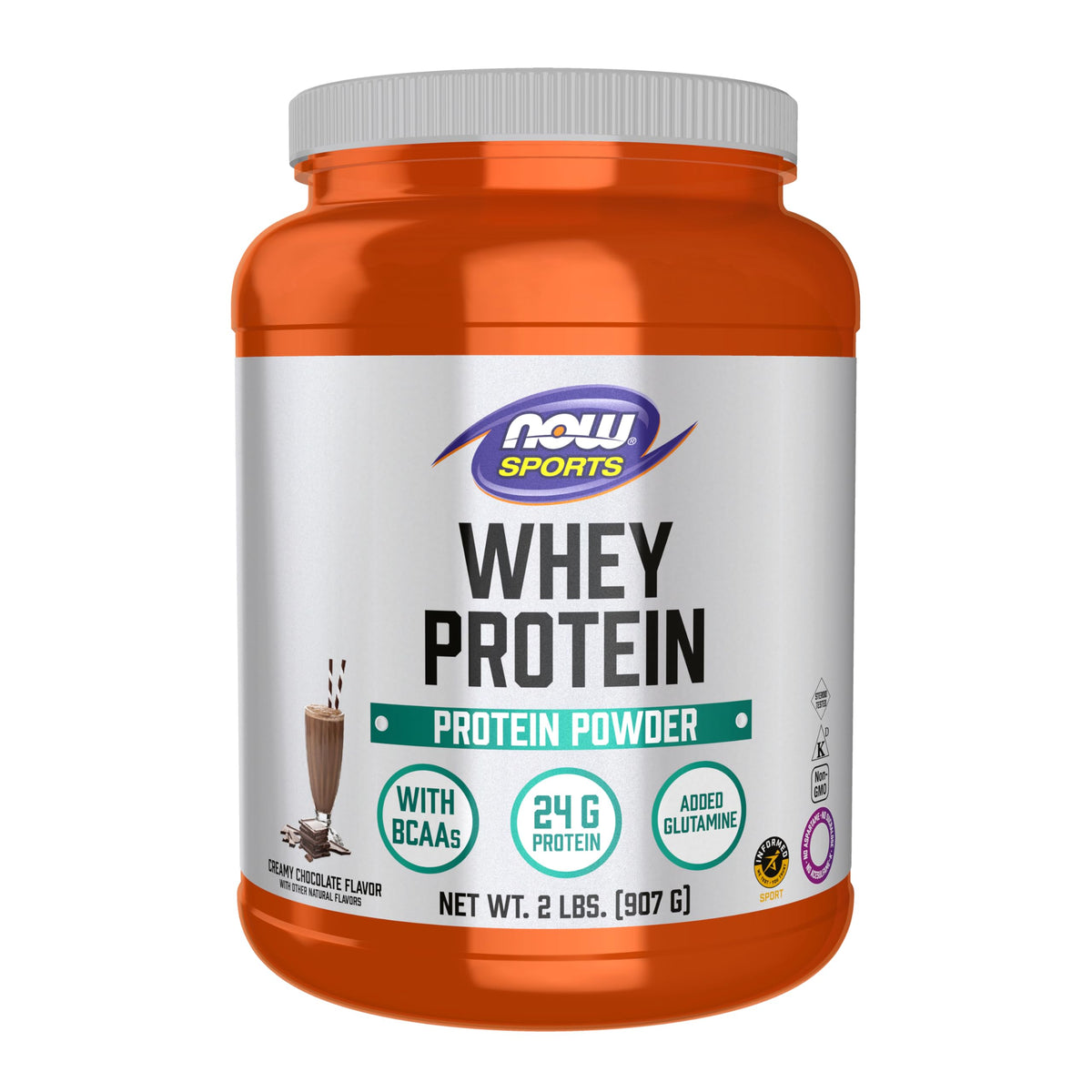 NOW Foods envase frontal mostrando tamaño y sabor chocolate cremoso