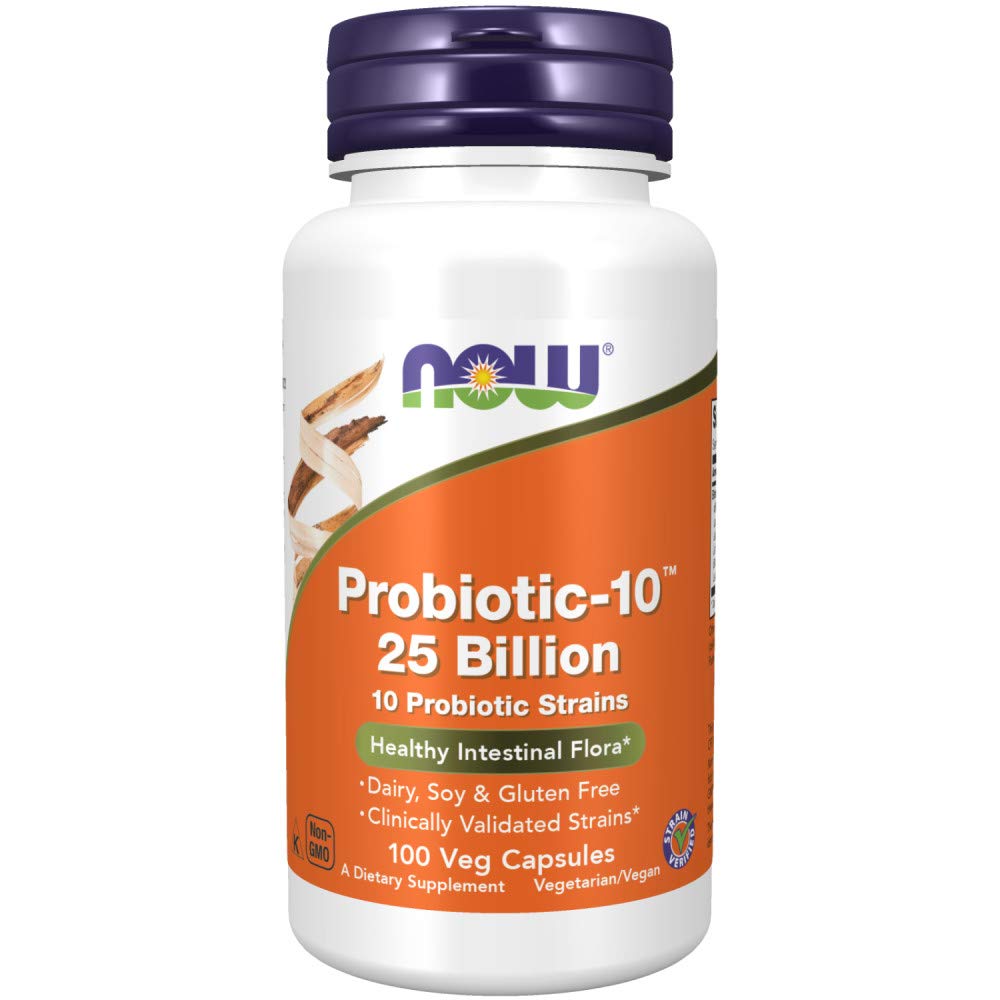 NOW Foods envase frontal del Probiotic-10 mostrando 100 cápsulas y beneficios claros