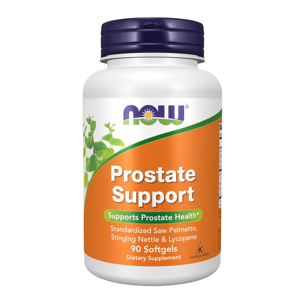 NOW Foods frasco frontal del producto muestra etiqueta y beneficio de apoyo prostático