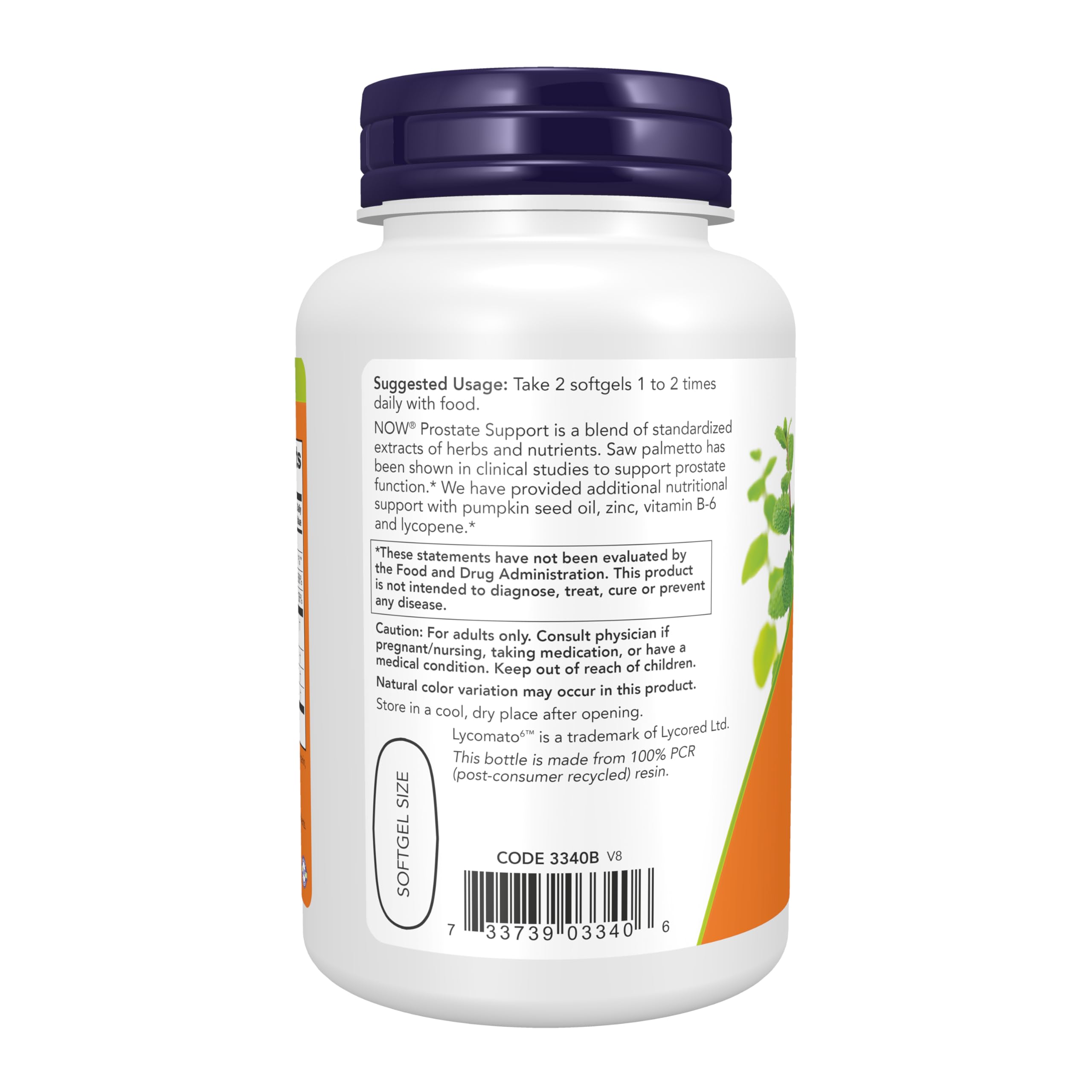 Etiqueta de ingredientes NOW Foods con lista de saw palmetto, ortiga y licopeno para transparencia