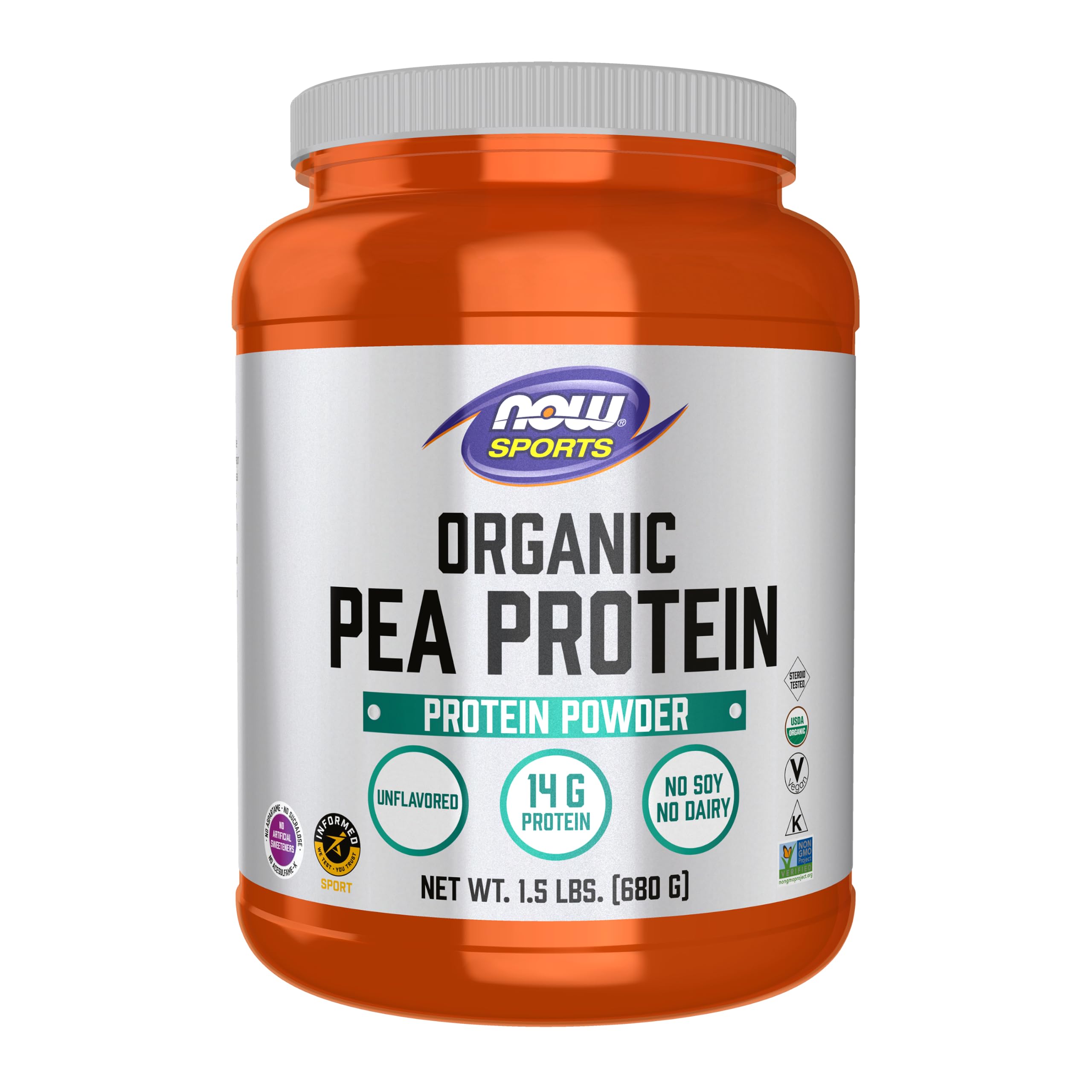 NOW Foods envase frontal mostrando proteína orgánica y beneficio de pureza