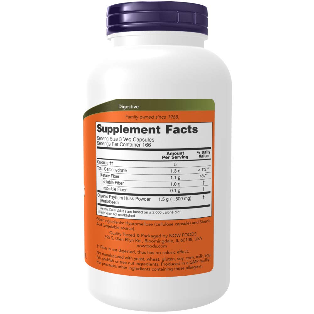 NOW Foods primer plano de cápsulas de psyllium mostrando textura y uniformidad