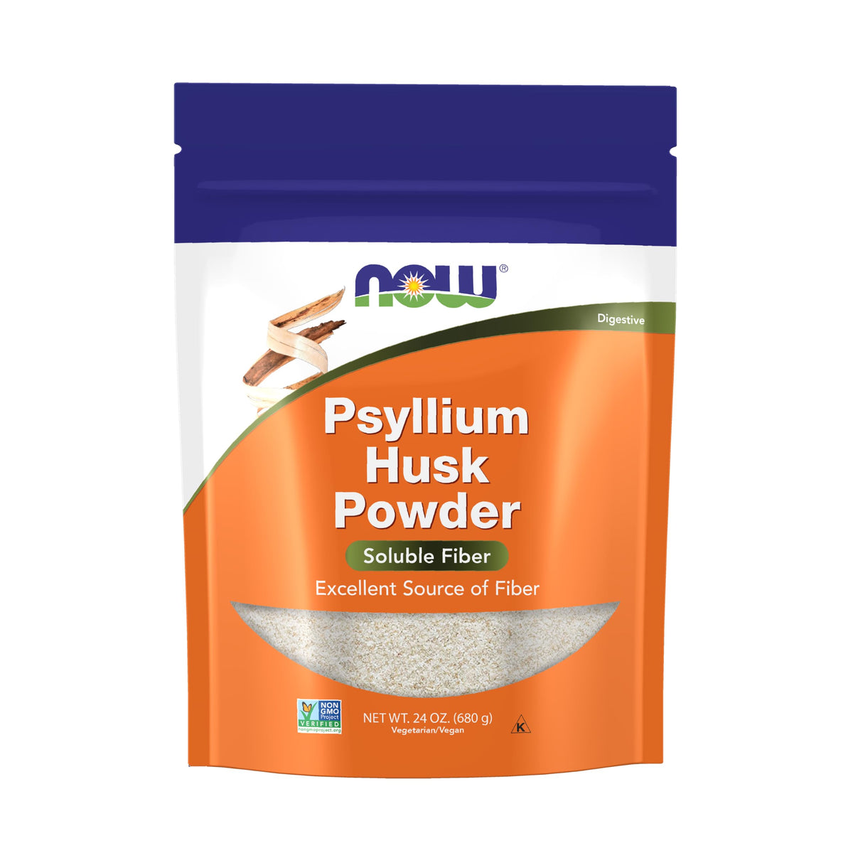 NOW Foods envase frontal de psyllium husk, presentación clara y práctica