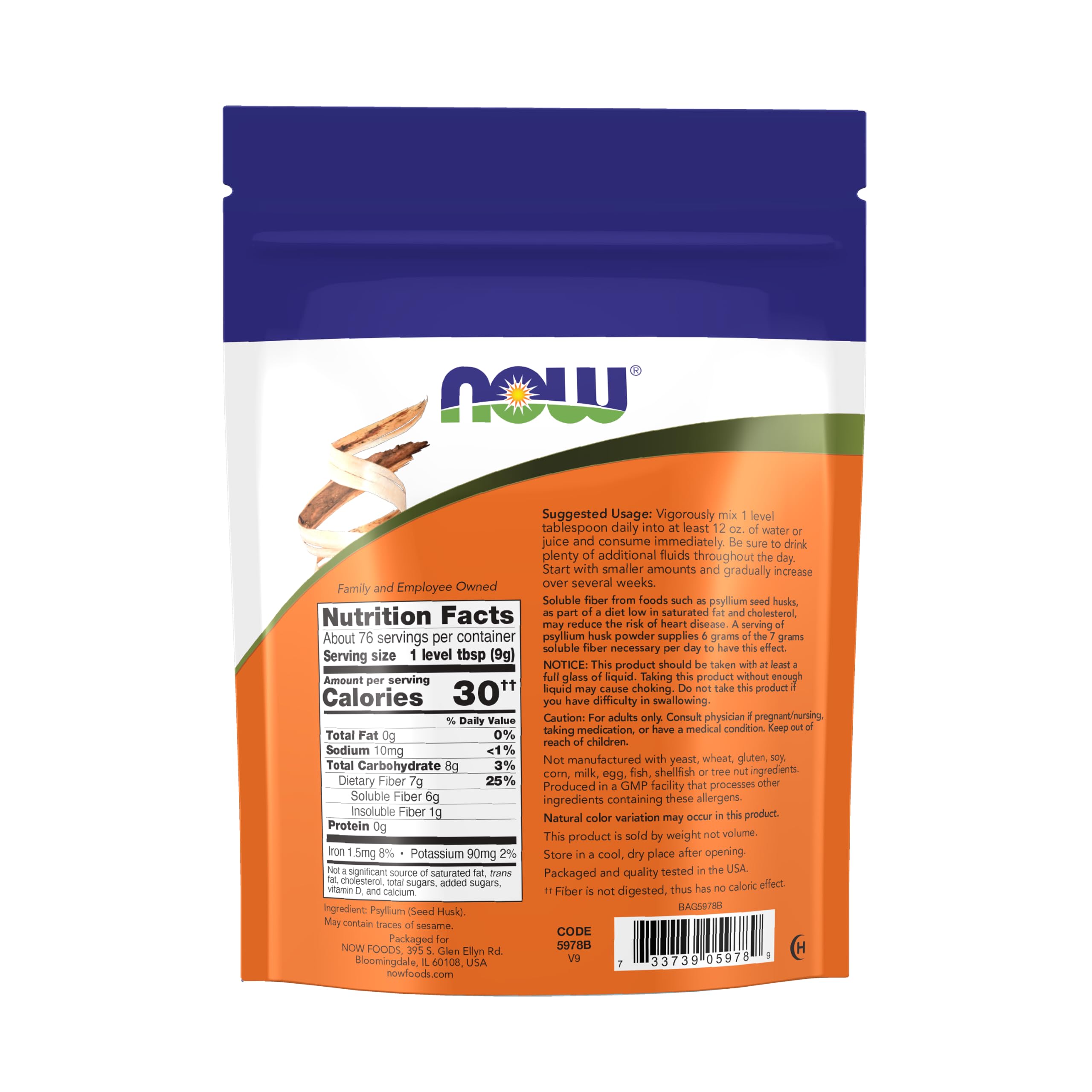 NOW Foods detalle de polvo de psyllium, textura fina que facilita mezcla
