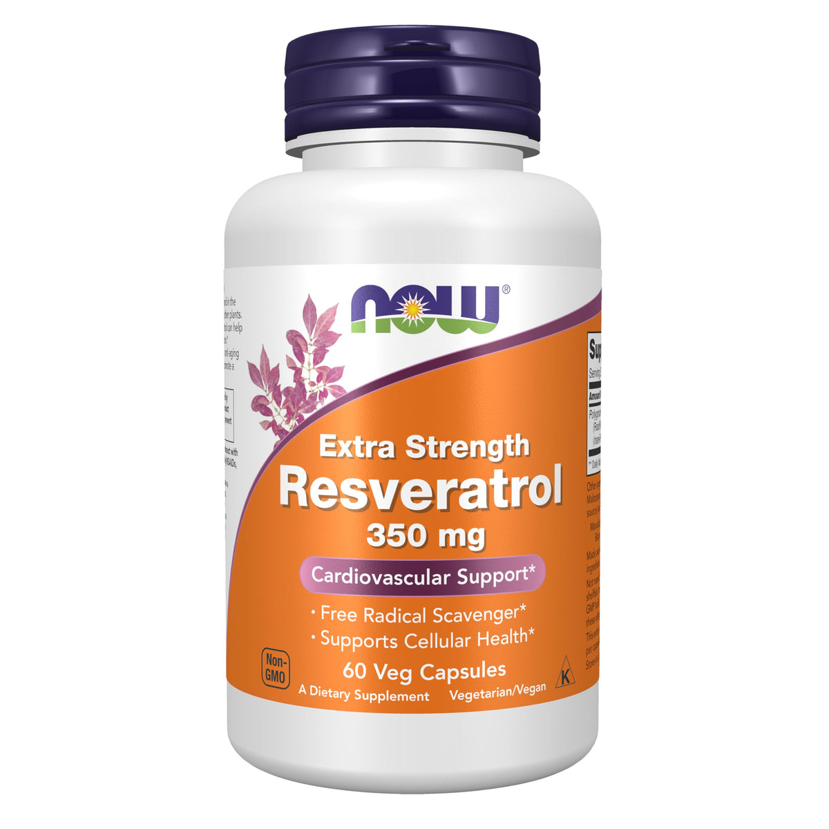 NOW Foods envase frontal mostrando resveratrol 350 mg y beneficio potencia