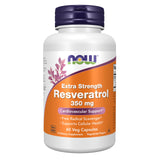 NOW Foods envase frontal mostrando resveratrol 350 mg y beneficio potencia
