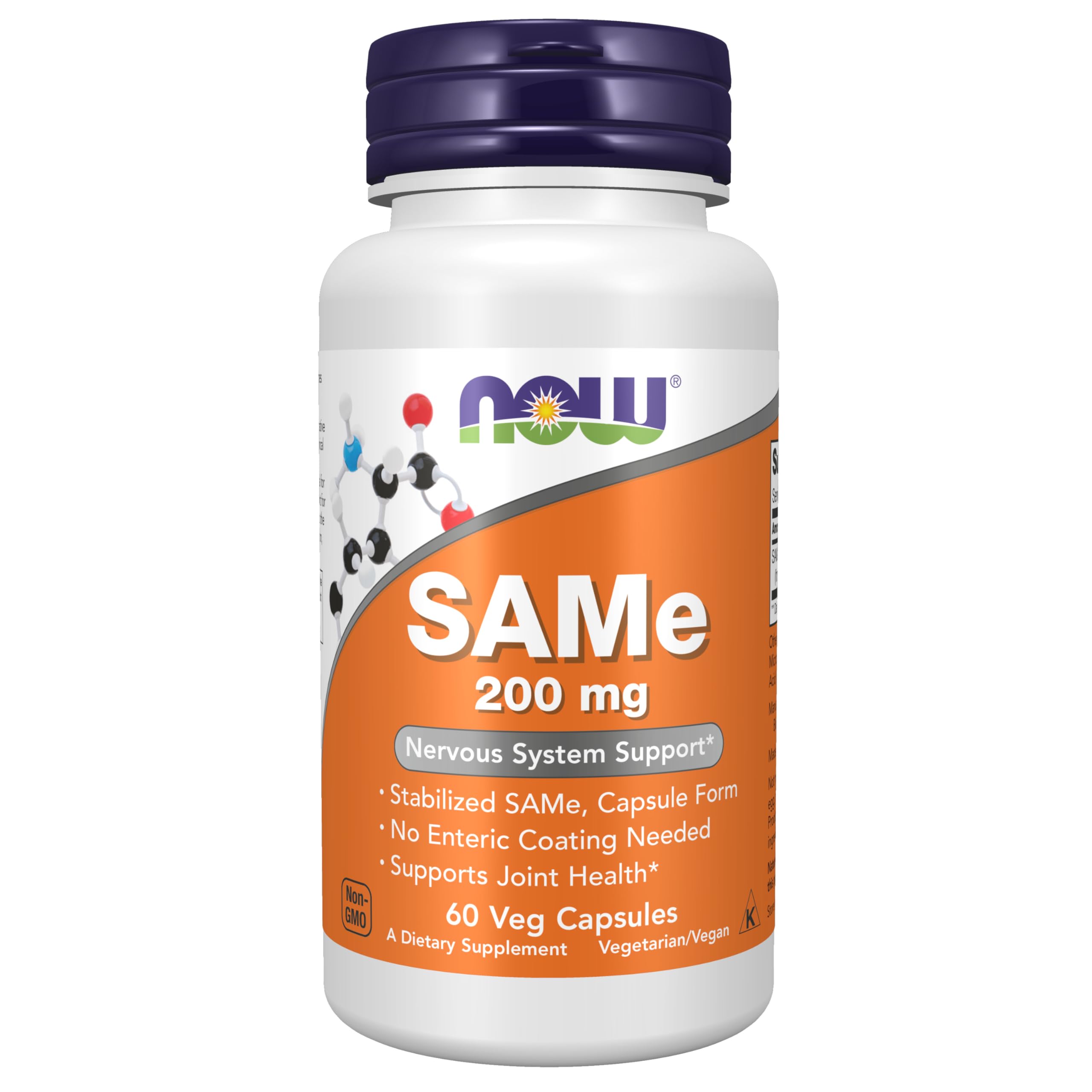 NOW Foods envase frontal de SAMe 200 mg que muestra formato y cantidad, confianza de marca