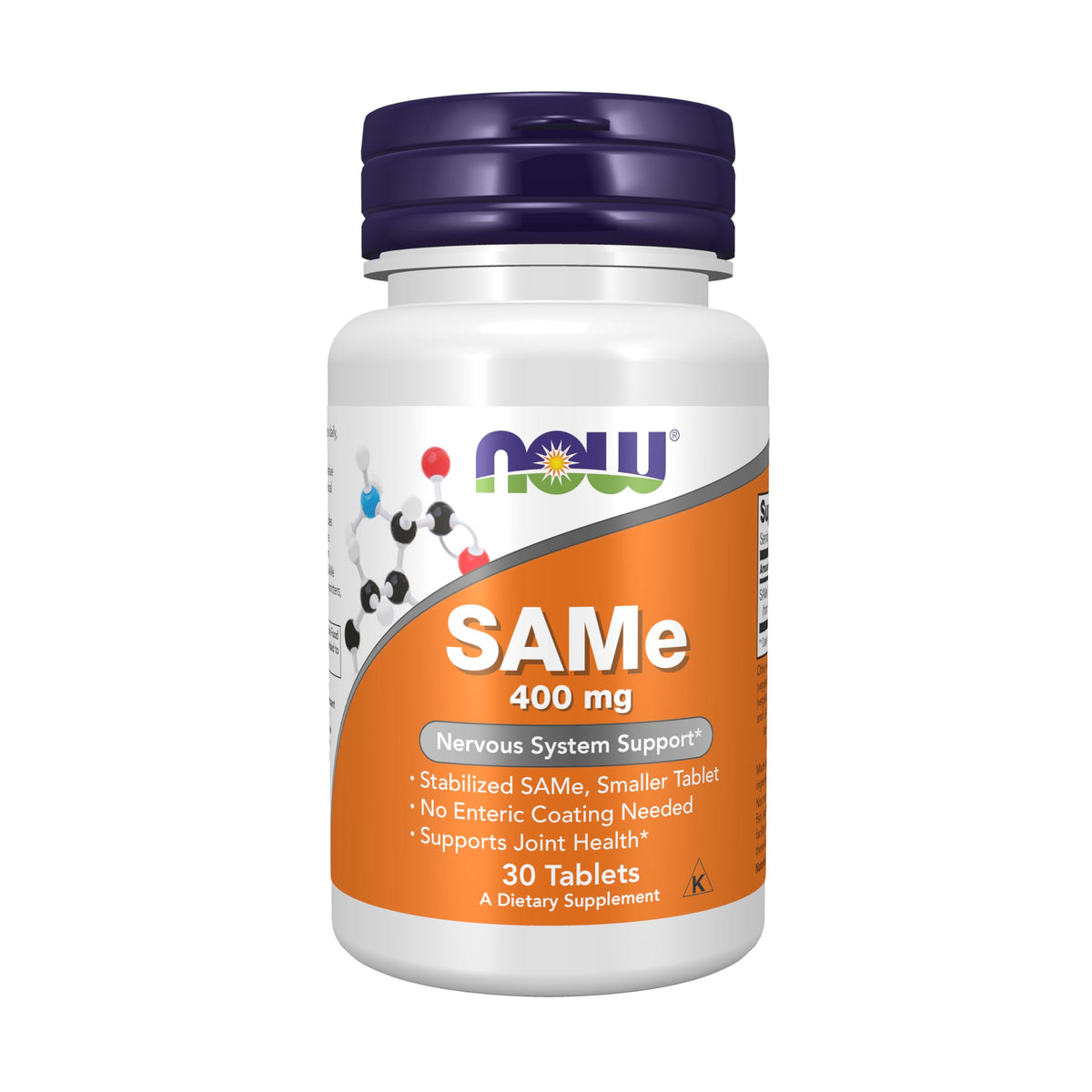 NOW Foods envase frontal del producto SAMe 400 mg mostrando diseño y tamaño