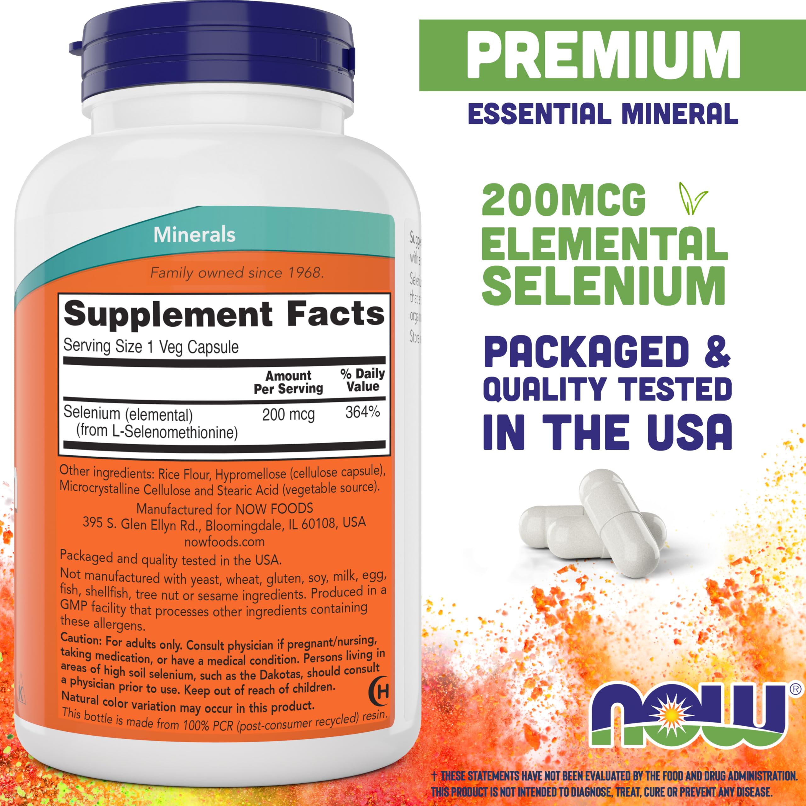 NOW Foods primer plano de una cápsula, destaca L‑selenometionina biodisponible
