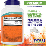 NOW Foods primer plano de una cápsula, destaca L‑selenometionina biodisponible