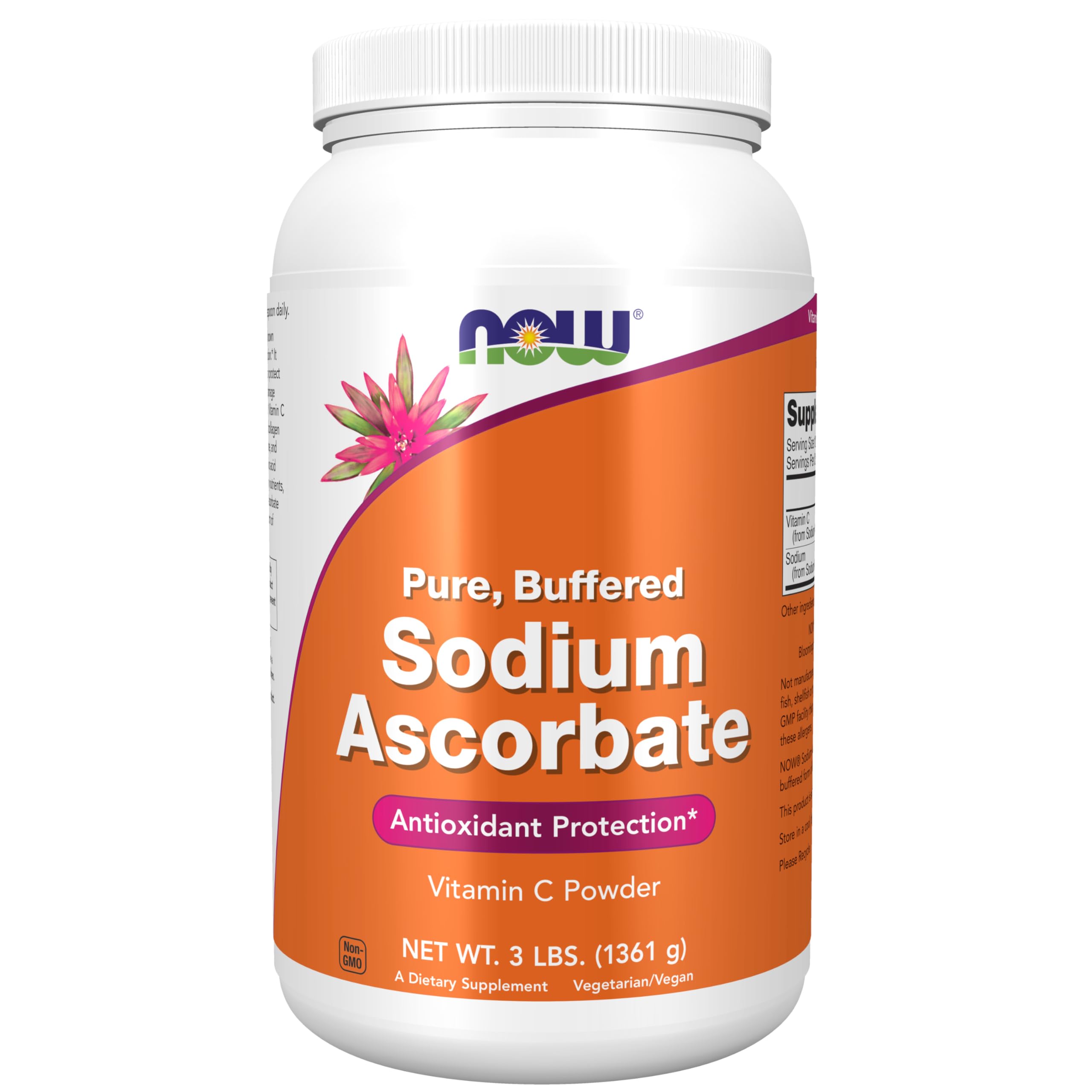 NOW Foods envase frontal de sodium ascorbate, presentación práctica y confiable