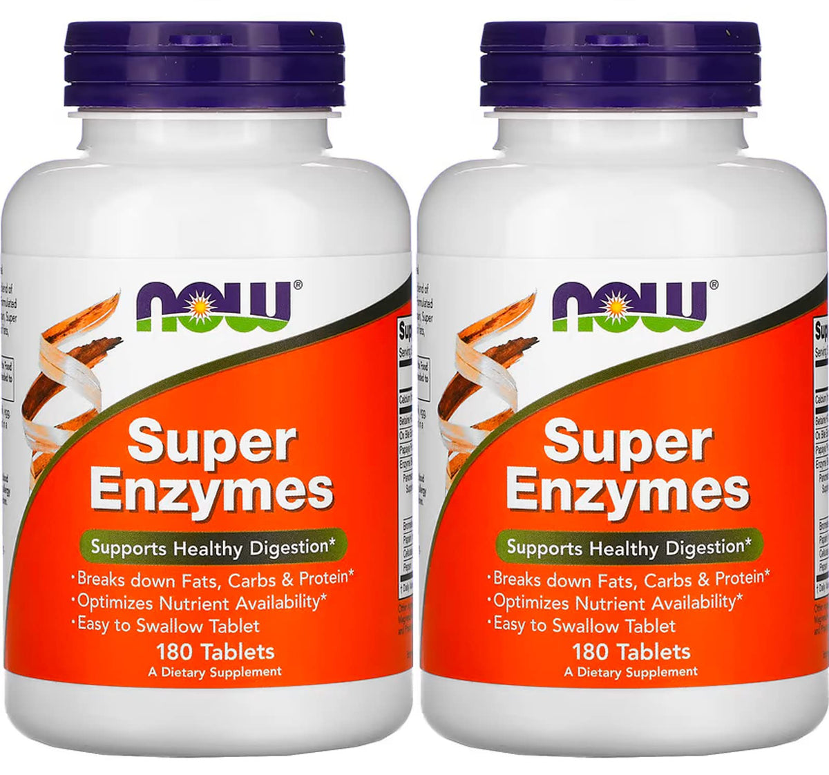 NOW Foods envase frontal mostrando 180 tabletas y beneficios para digestión