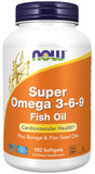 NOW Foods envase frontal Super Omega 3-6-9 mostrando cantidad y diseño, aporta confianza