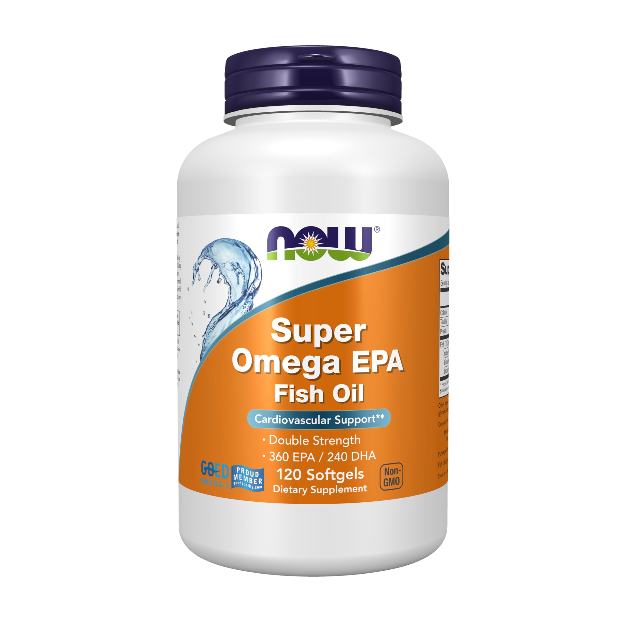 NOW Foods frasco frontal de Super Omega EPA mostrando la etiqueta y el formato 120 softgels, confianza en calidad