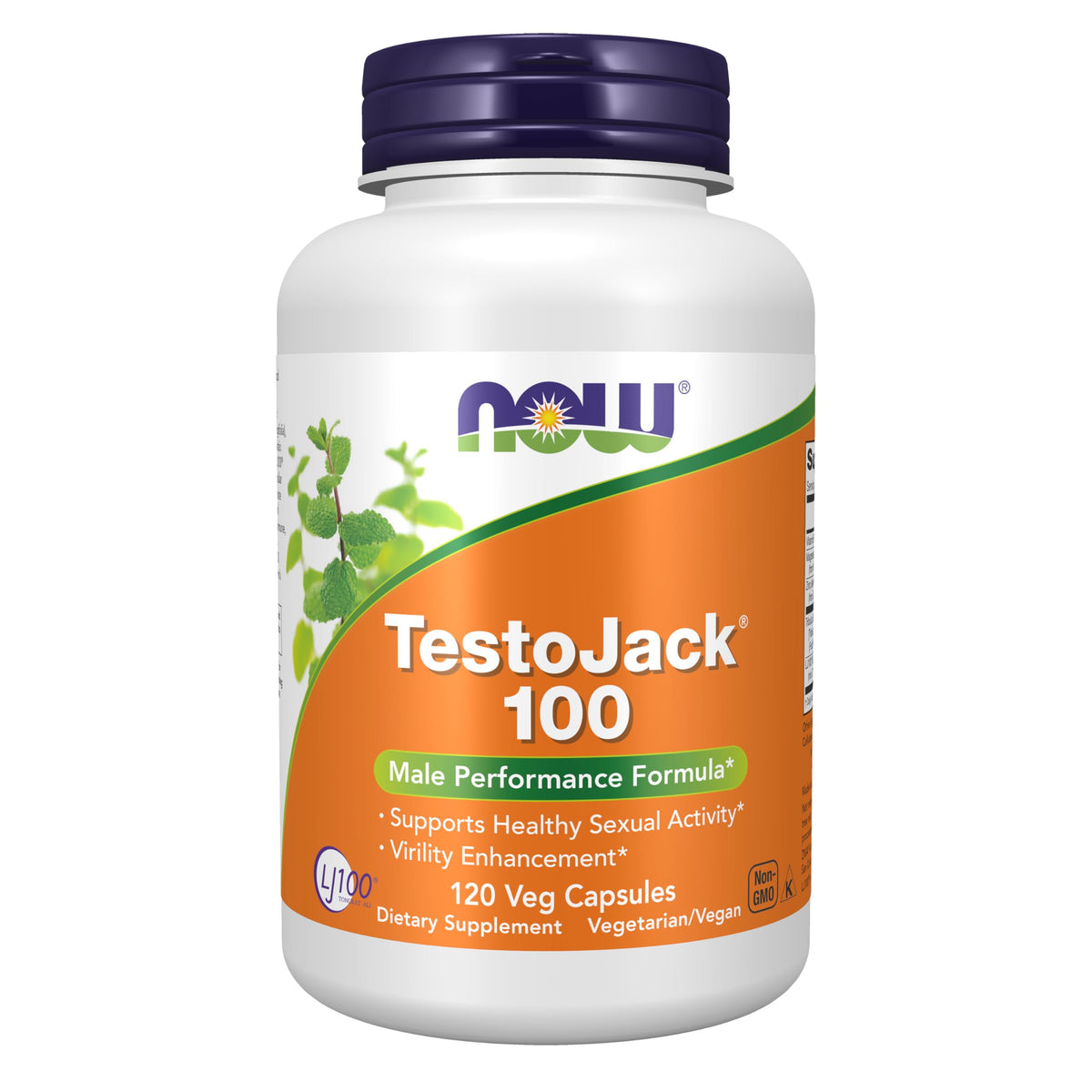 NOW Foods envase frontal de TestoJack 100 mostrando diseño y tamaño