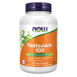 NOW Foods envase frontal de TestoJack 100 mostrando diseño y tamaño