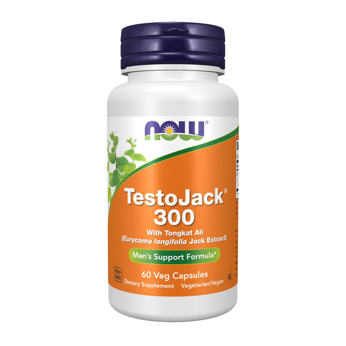 NOW Foods TestoJack 300 vista frontal del envase mostrando 60 cápsulas y marca