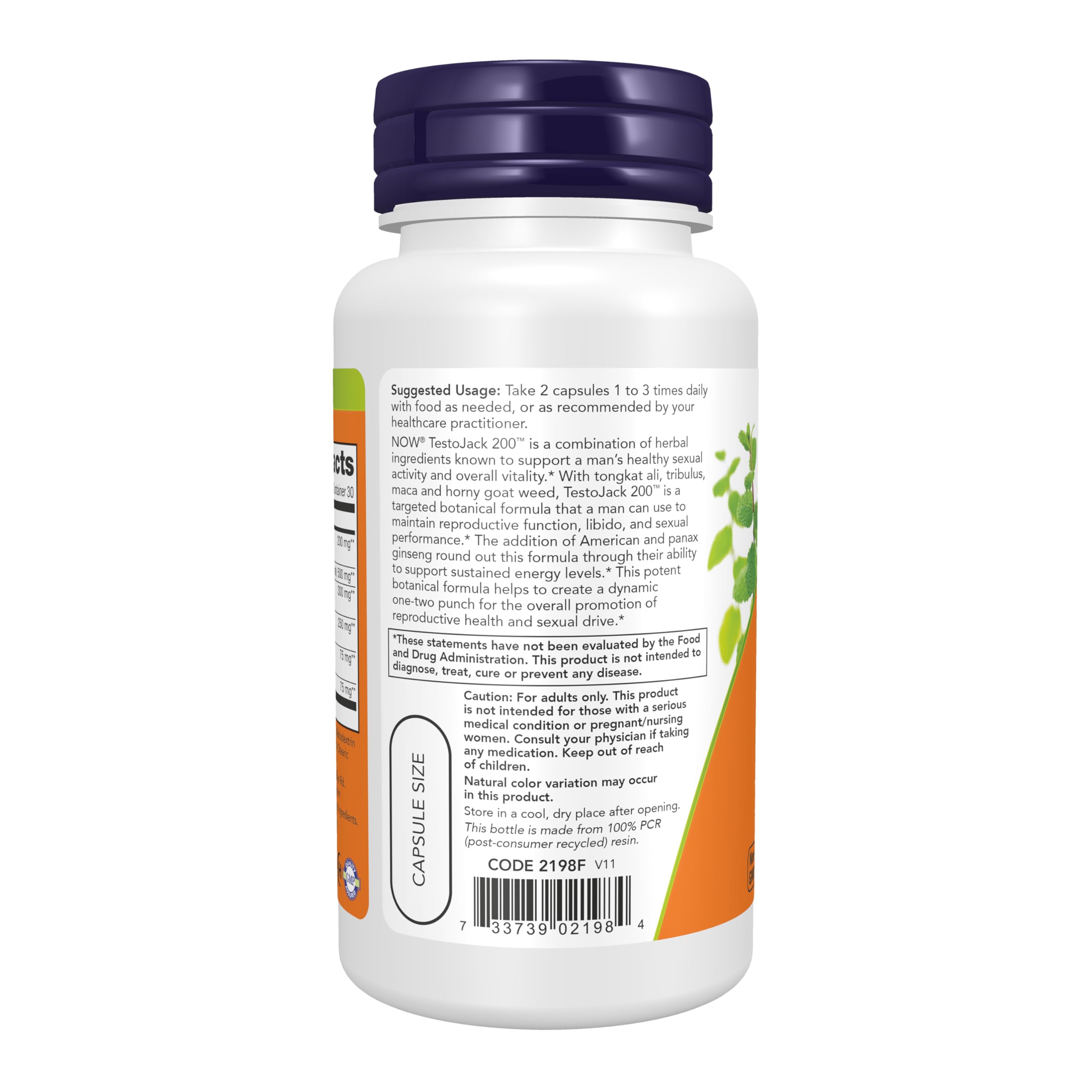 Etiqueta de TestoJack 200 NOW Foods con lista de ingredientes y dosificación