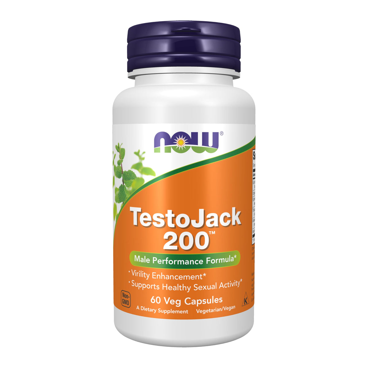 NOW Foods frasco frontal de TestoJack 200 mostrando 60 cápsulas y sello GMP