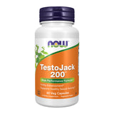 NOW Foods frasco frontal de TestoJack 200 mostrando 60 cápsulas y sello GMP
