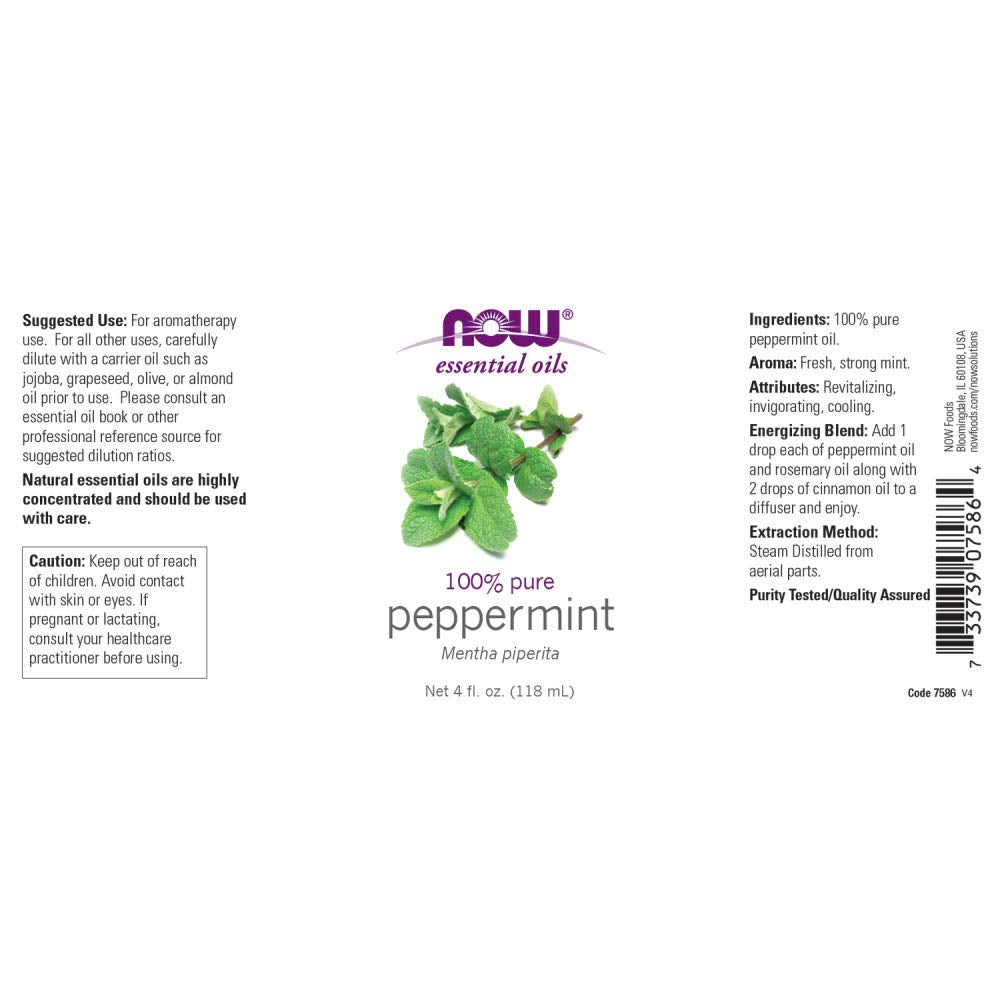 NOW Foods gota de aceite de menta sobre superficie que muestra textura pura