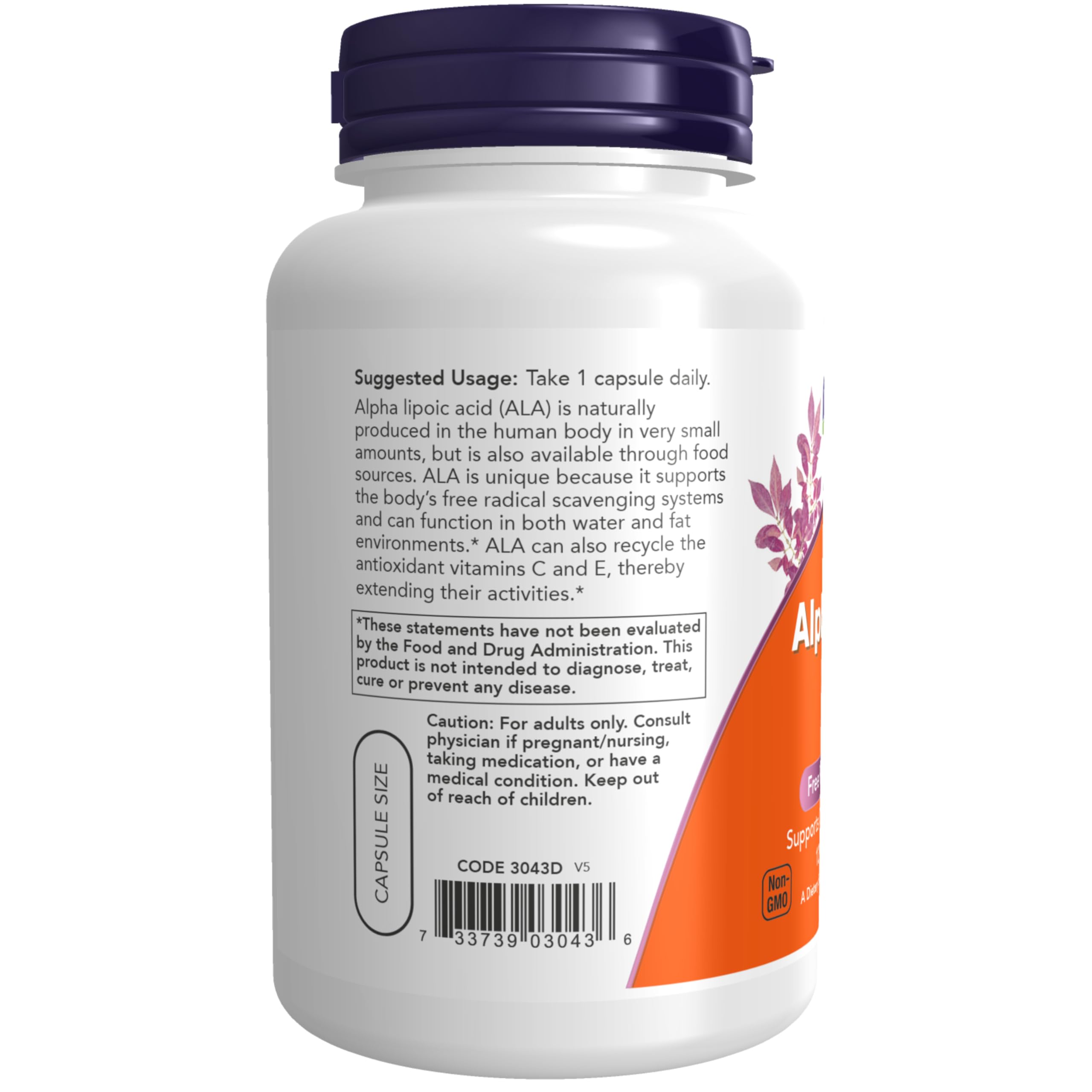 NOW Foods polvo fino de ALA que ilustra pureza y solubilidad dual