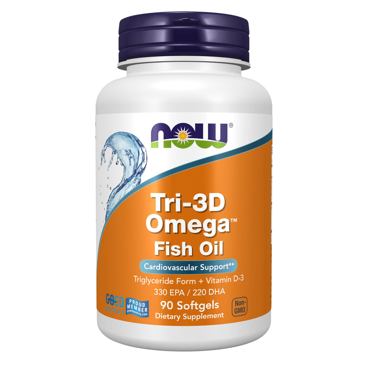 NOW Foods frasco frontal mostrando Tri‑3D Omega y beneficios de omega‑3
