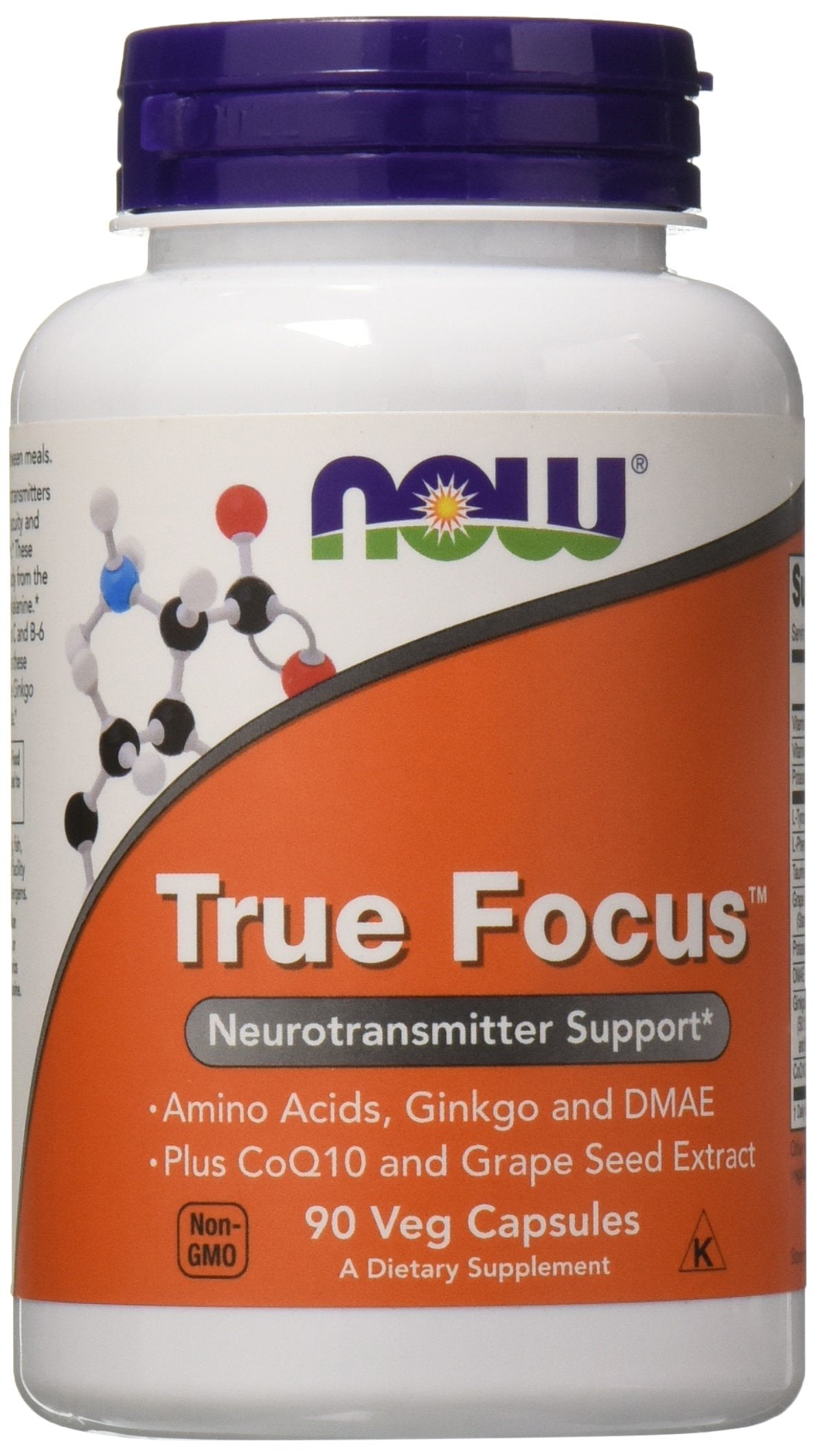 Now Foods bote frontal con etiquetas claras y beneficios de enfoque