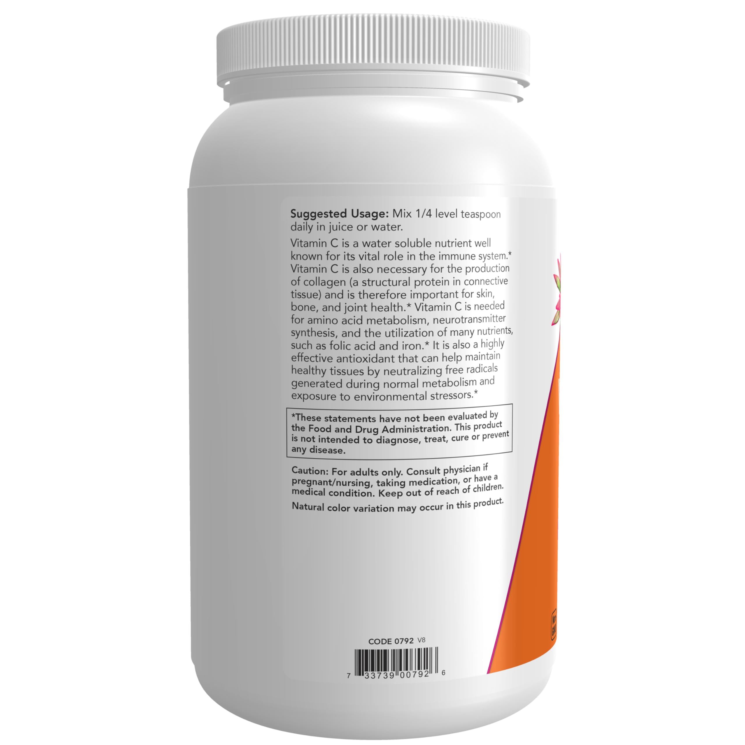 NOW Foods polvo de vitamina C en cuchara, dosificación precisa y manejo práctico