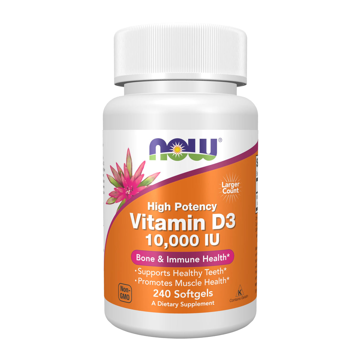 NOW Foods frasco frontal mostrando 240 softgels y beneficio de suministro prolongado