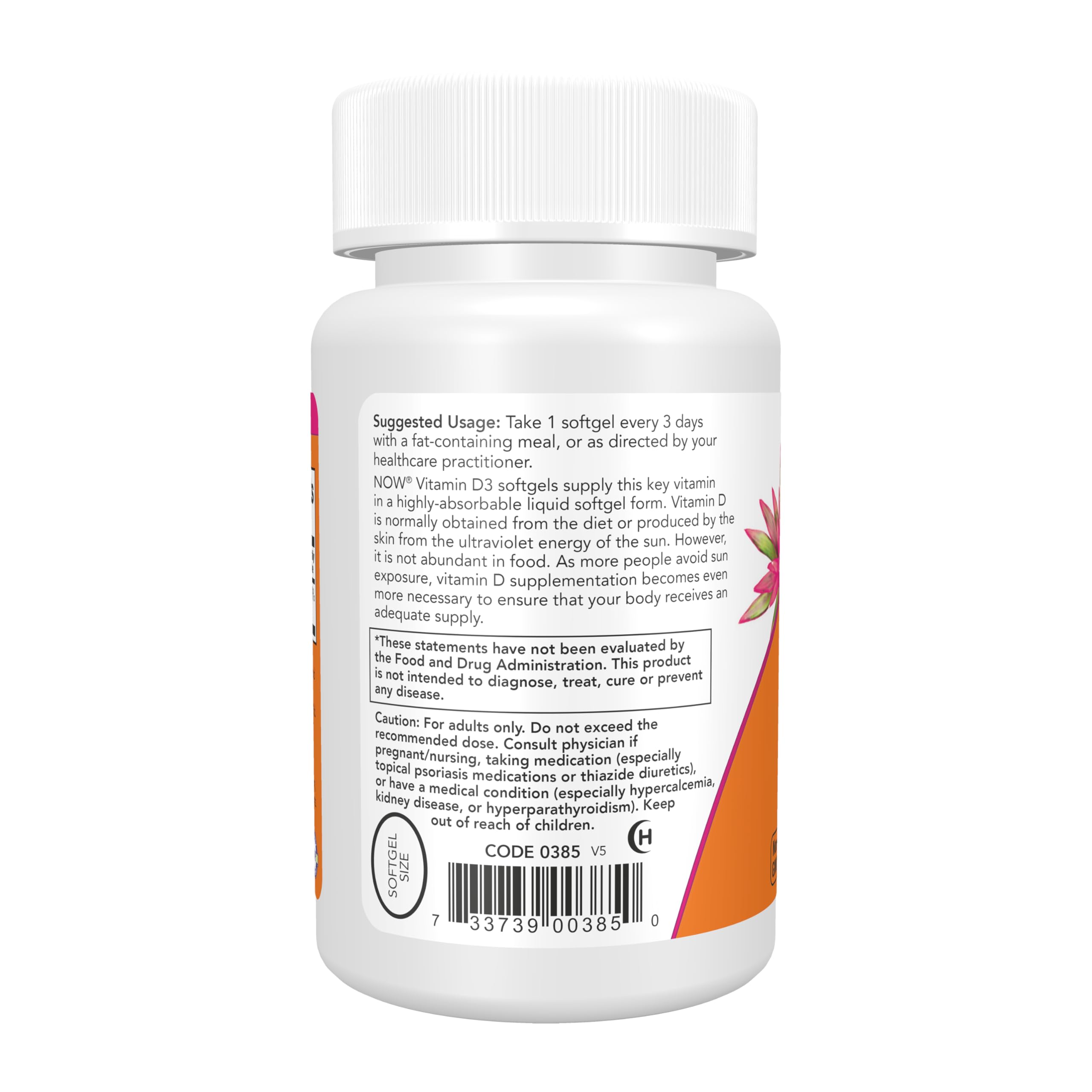 Gota líquida de vitamina D3 en softgel NOW Foods mostrando textura y biodisponibilidad