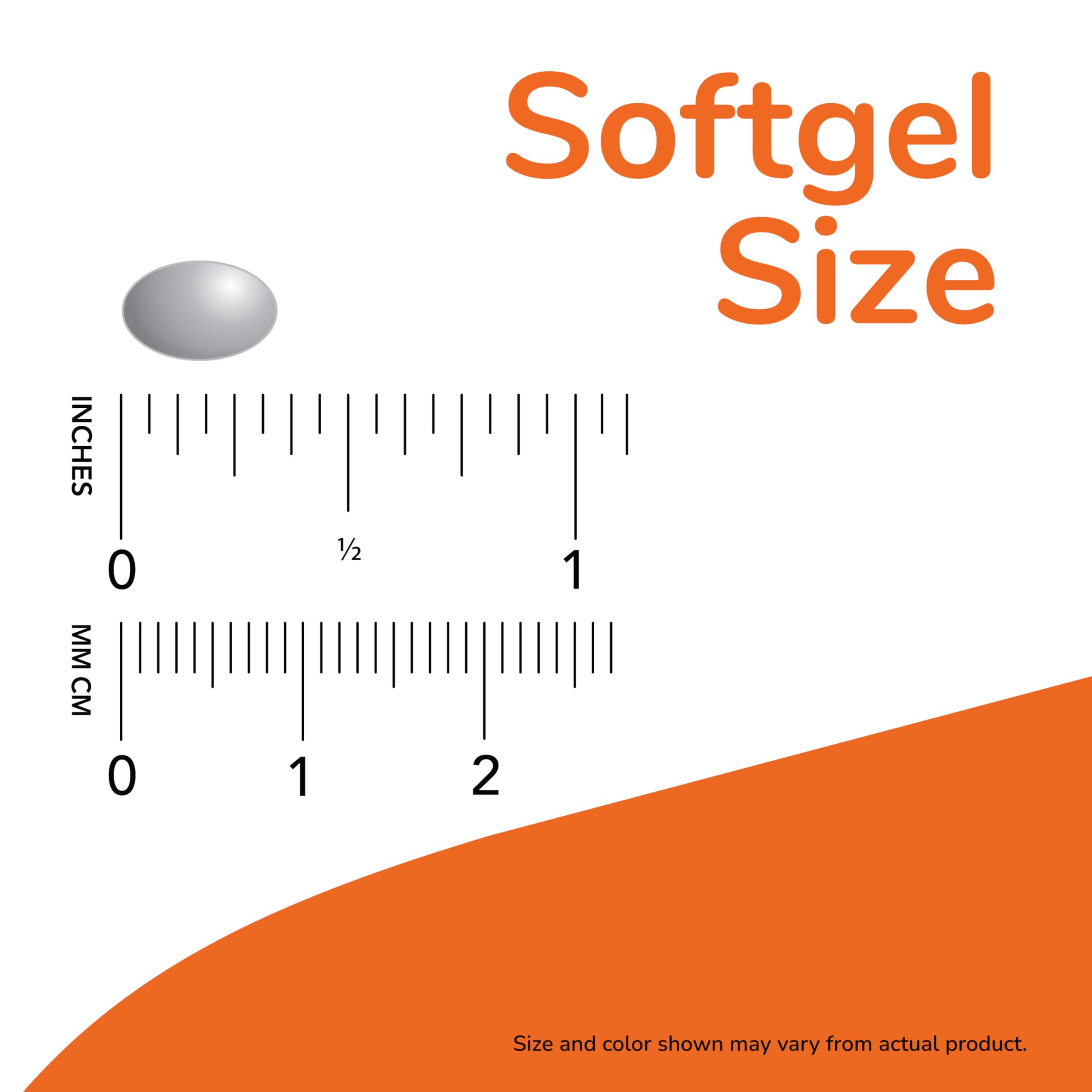 Softgel NOW Foods sostenido en mano para mostrar tamaño y comodidad al tragar