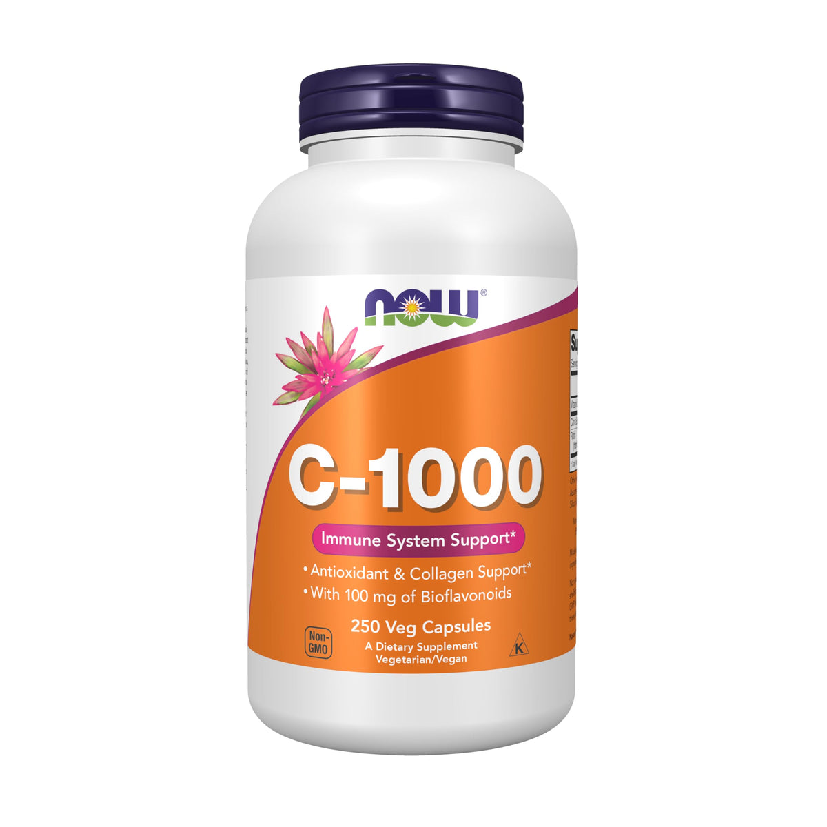 NOW Foods frente del envase mostrando dosis y cantidad, fácil identificación