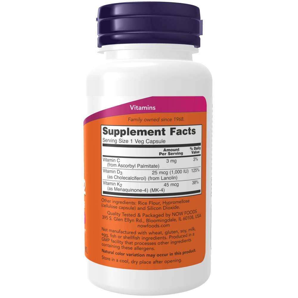 NOW Foods etiqueta en detalle con información de 1000 IU y 45 mcg, transparencia de contenido