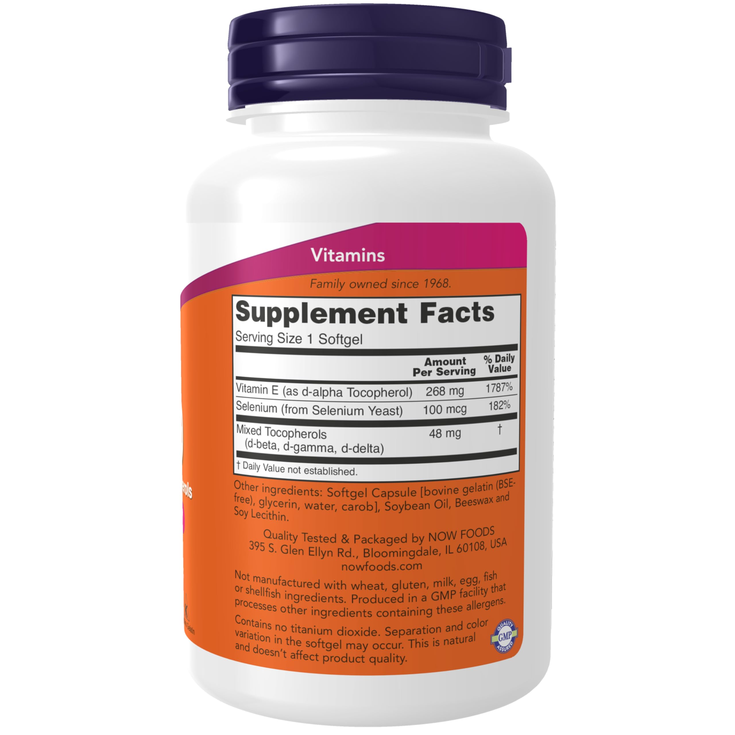 NOW Foods acercamiento a softgel de Vitamina E mostrando textura y facilidad