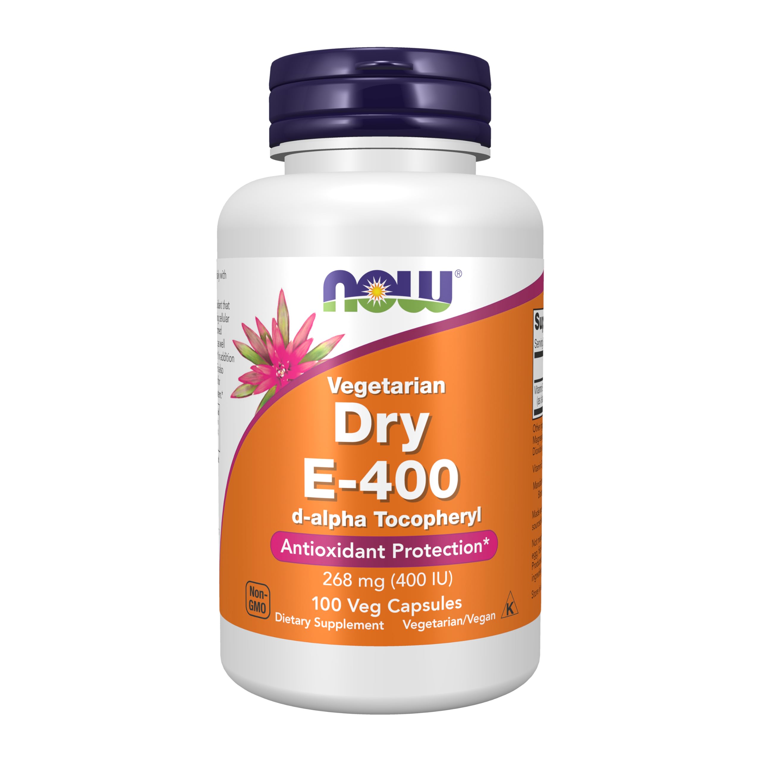 NOW Foods envase frontal de vitamina E 400 IU que muestra presentación y cantidad