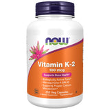 NOW Foods frasco frontal de Vitamina K-2 MK-4 100 mcg, envase vegano y confianza en calidad