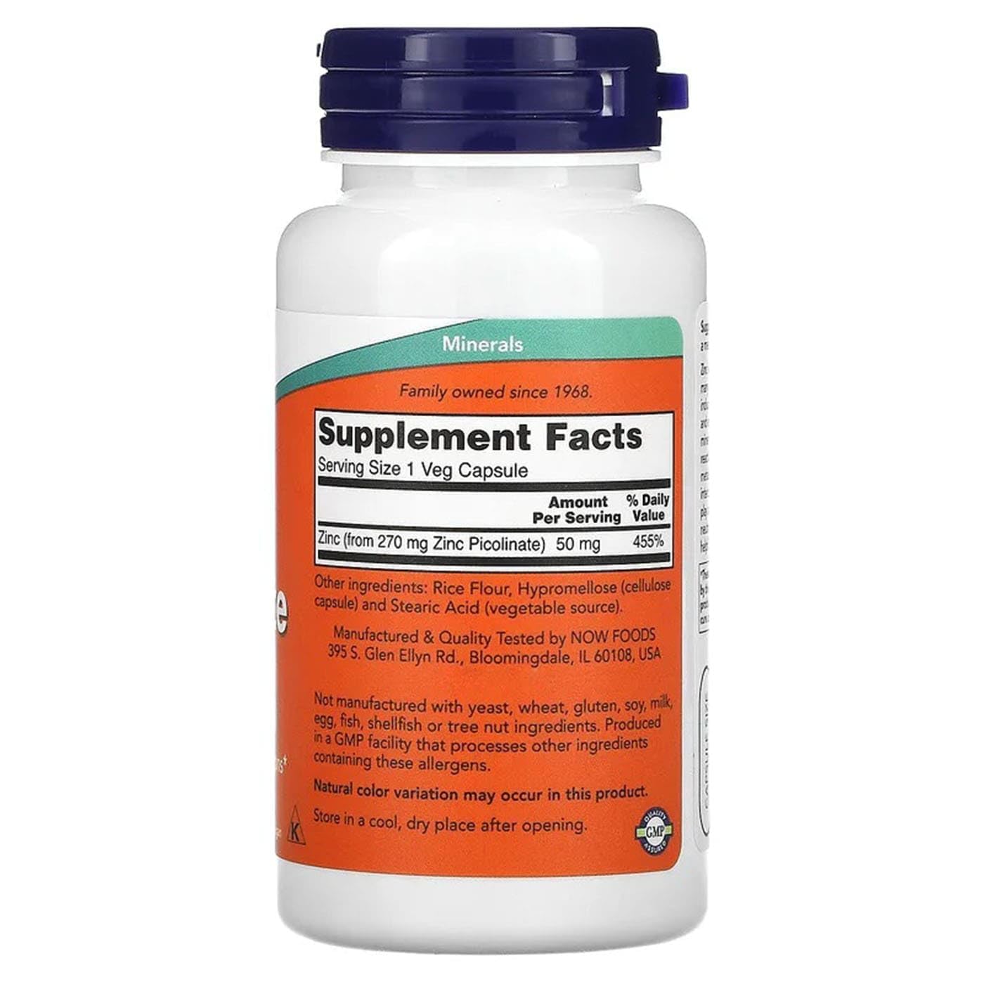 NOW Foods primer plano cápsula de Zinc Picolinate mostrando textura y tamaño