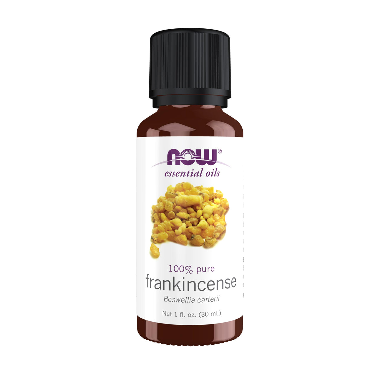 NOW Frontal del frasco de frankincense mostrando la etiqueta y pureza