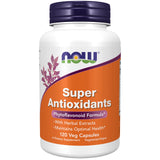 NOW frasco frontal mostrando Super Antioxidants y 120 cápsulas, claridad del producto