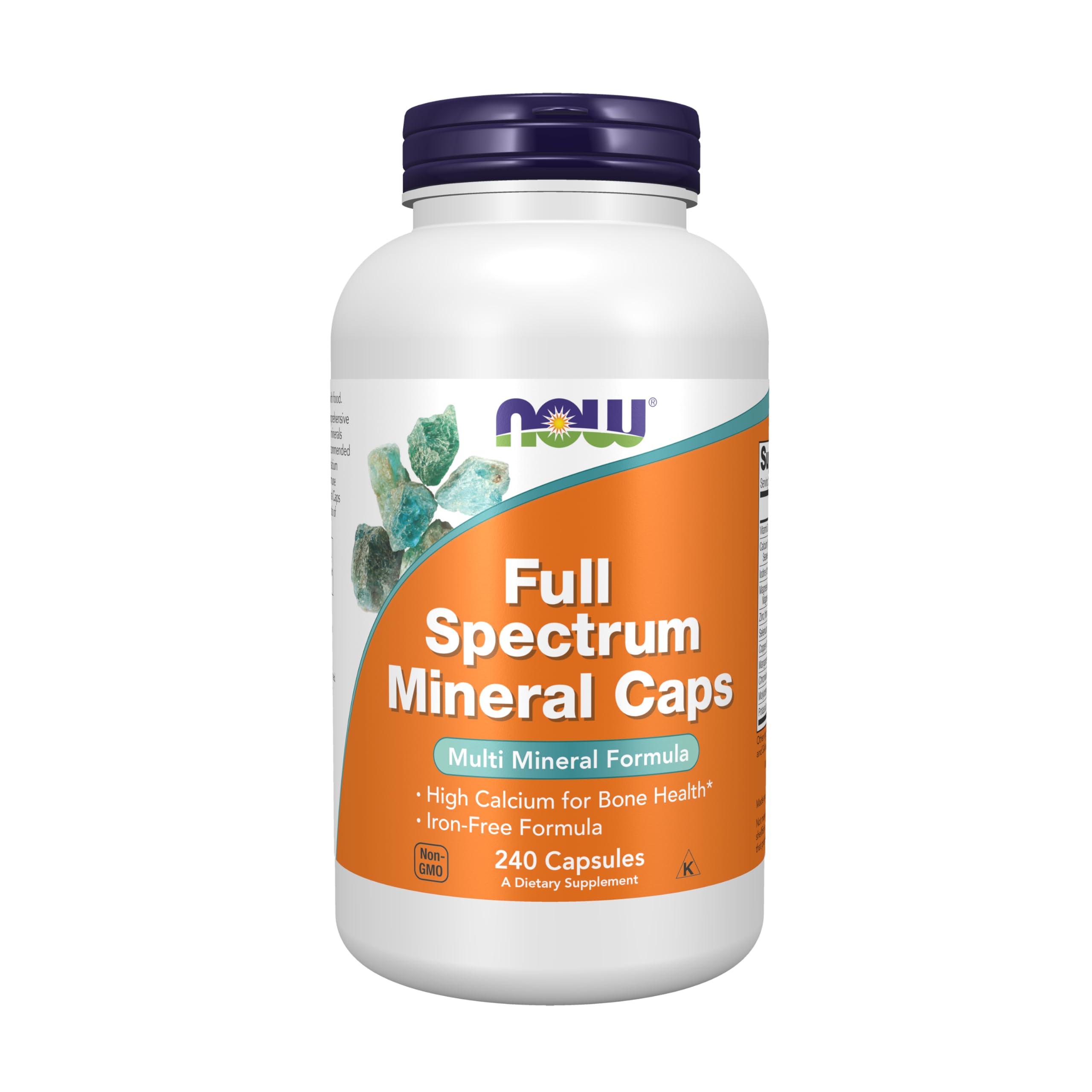 NOW Foods envase frontal mostrando 240 cápsulas vegetales y beneficios mineral
