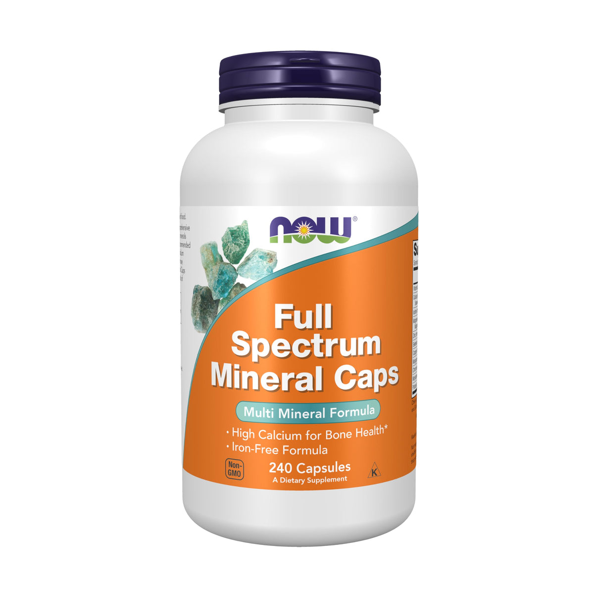 NOW Foods envase frontal mostrando 240 cápsulas vegetales y beneficios mineral