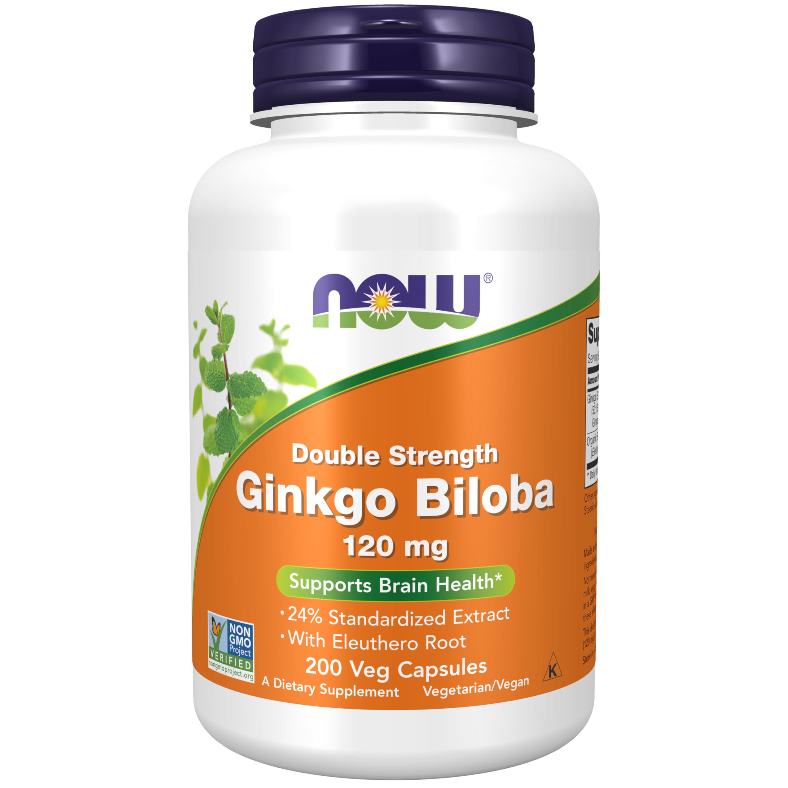 NOW Ginkgo Biloba frontal del envase mostrando 200 cápsulas y doble fuerza