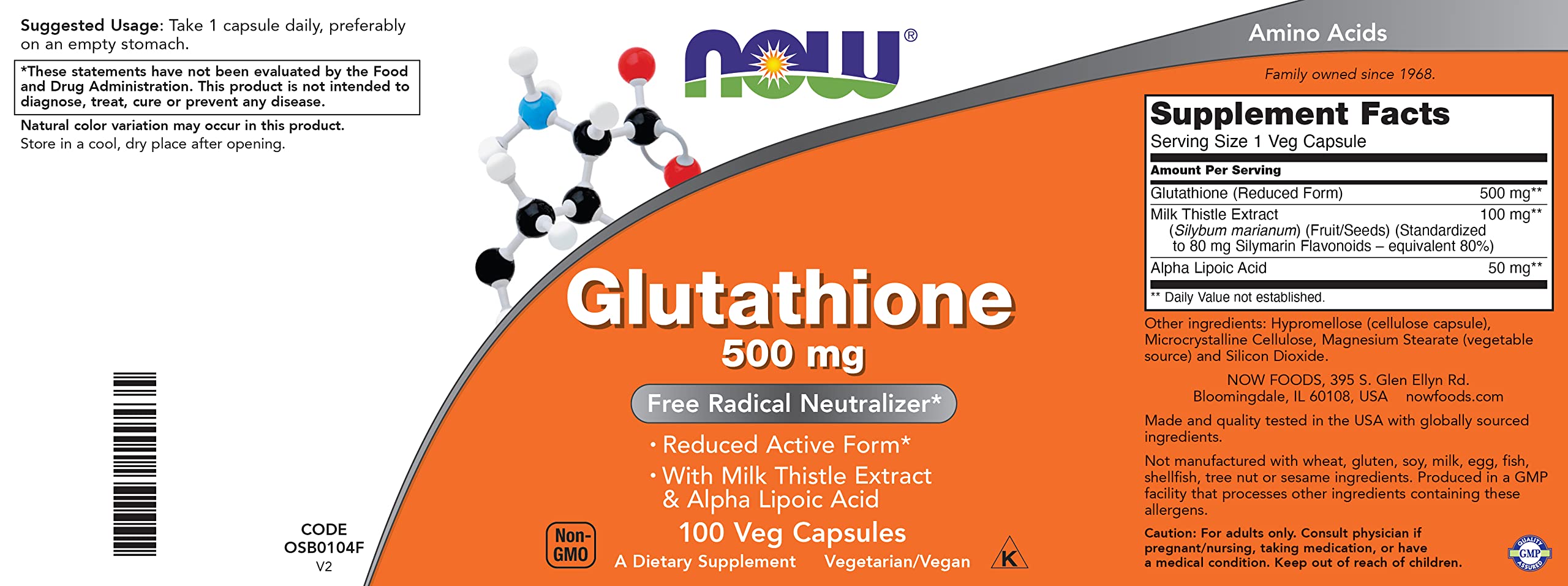 NOW Glutathione contenido abierto de cápsula ilustrando polvo interior bioactivo