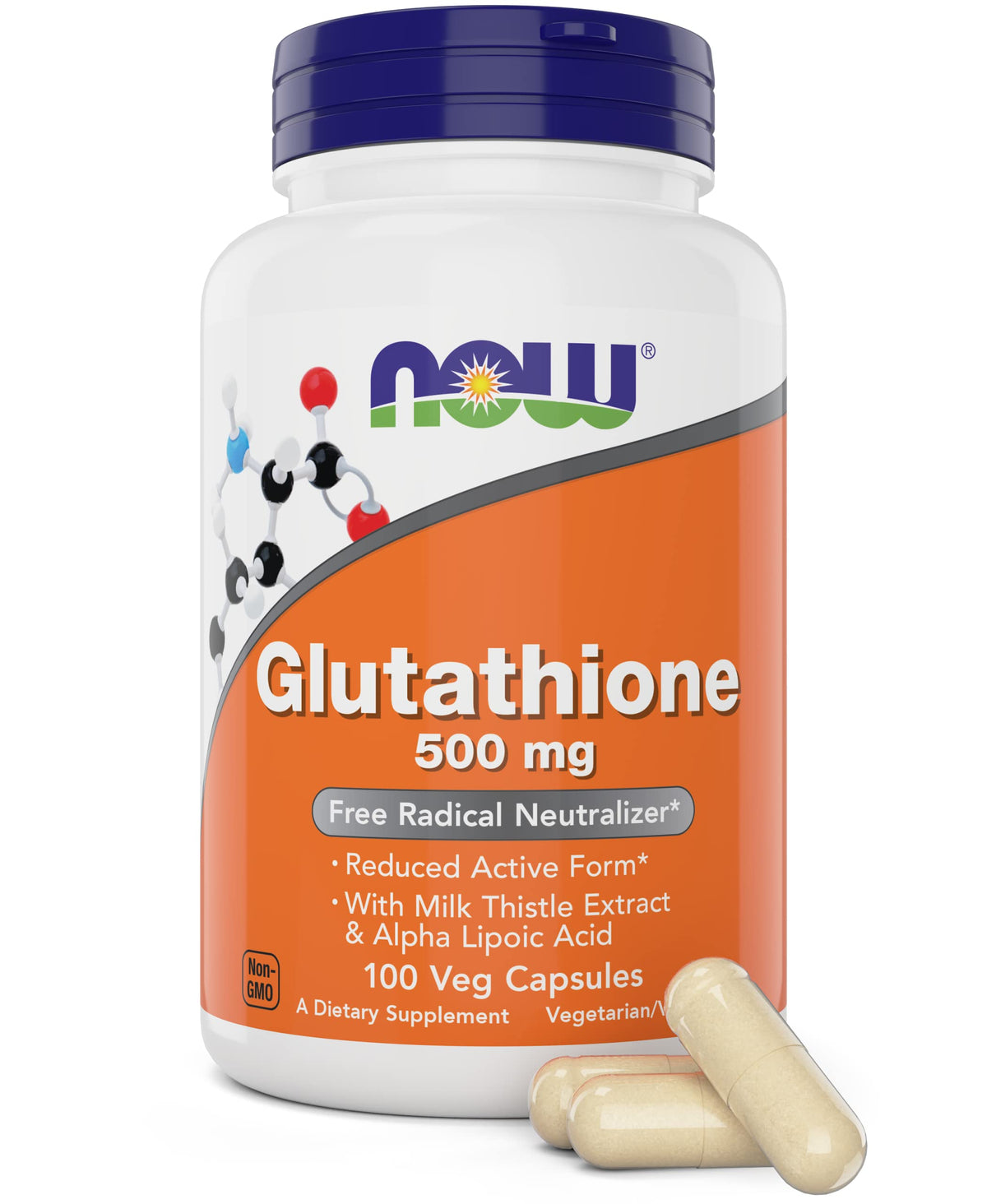 NOW Glutathione botella frontal mostrando etiqueta y marca, fácil identificación