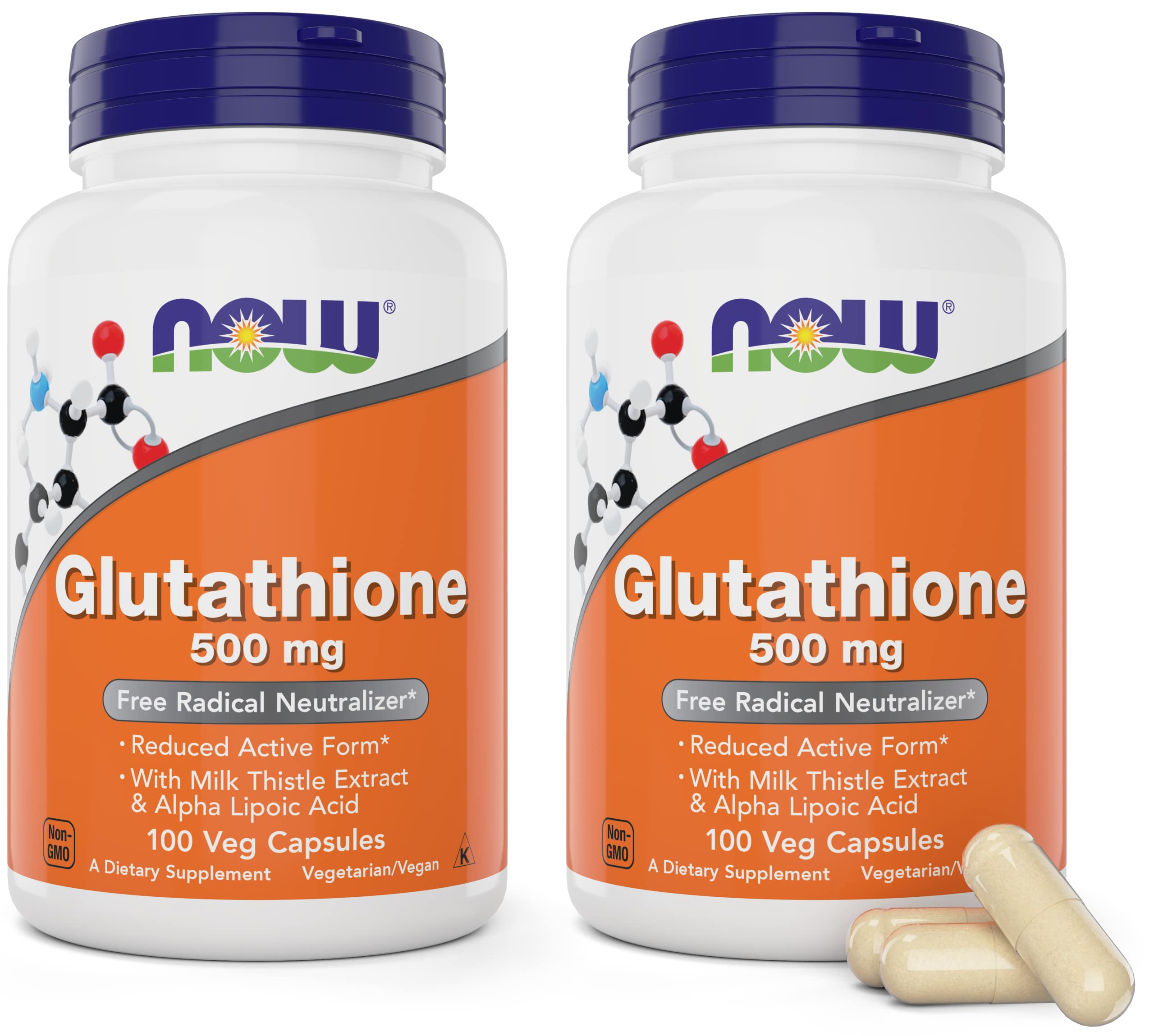 NOW Foods frasco frontal de Glutathione 500 mg mostrando etiqueta clara y beneficios